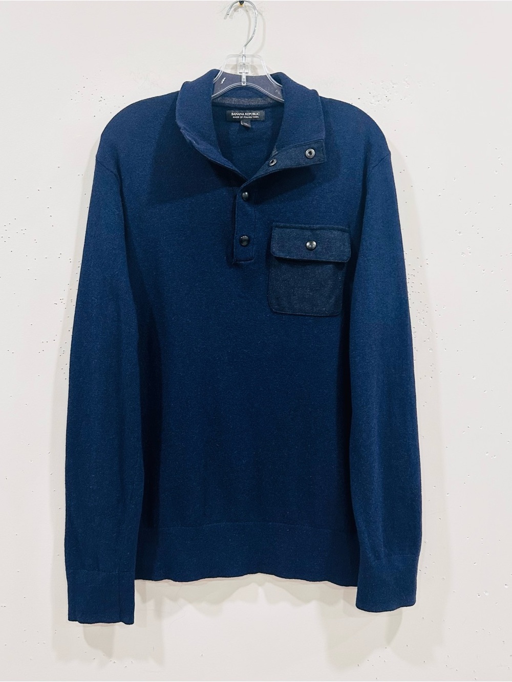 Banana Republic Men XL Blue Merino Wool Blend 1/4 Snap Mock Neck Pocket Sweater